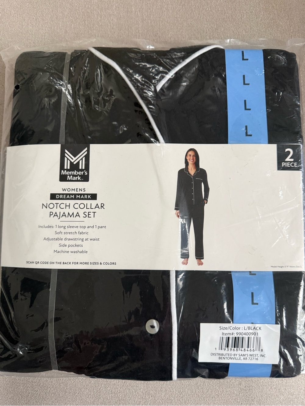 Member's Mark Women's Notch Collar Pajama Set - Black with White Piping